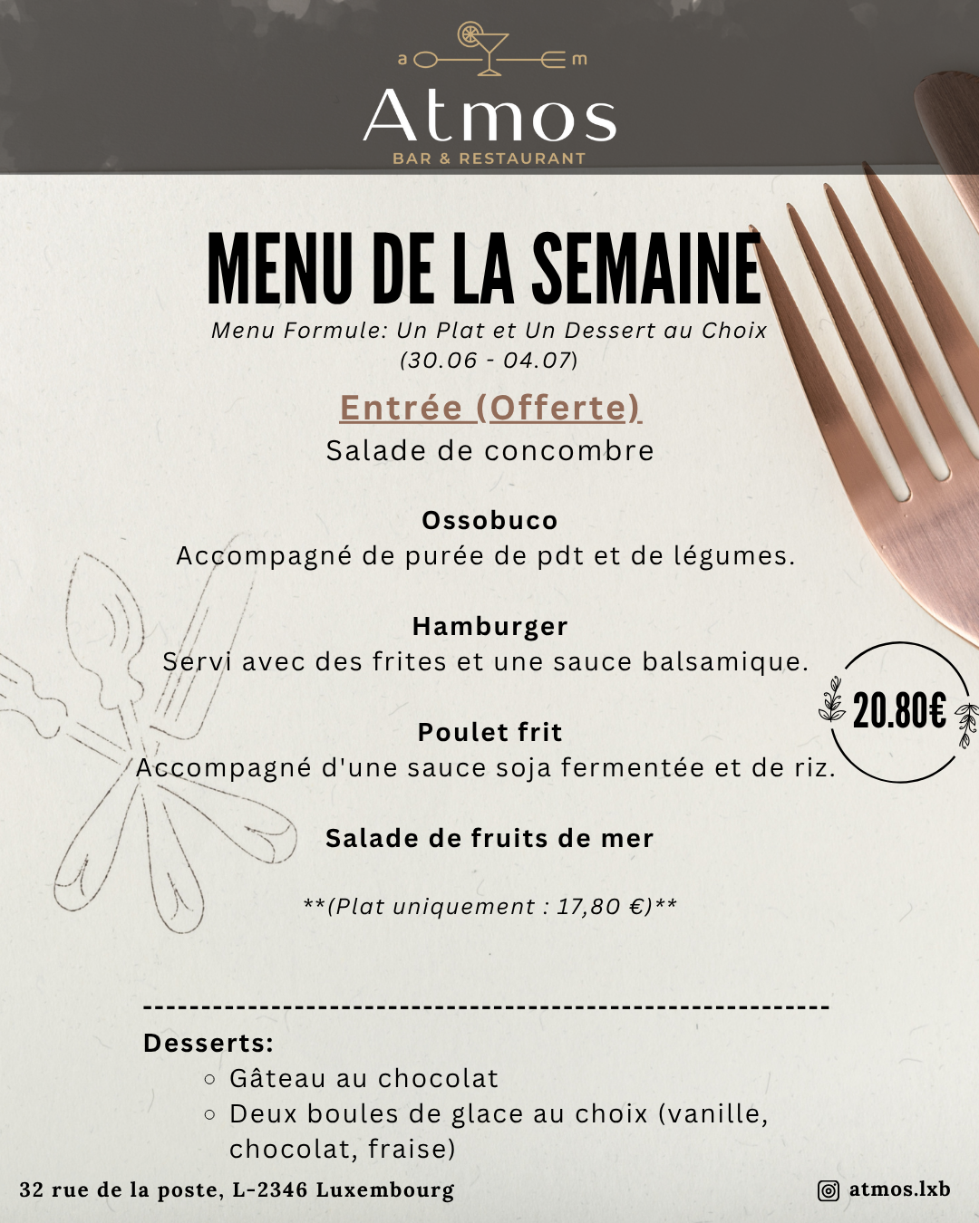 Publication Instagram Annonce Menu du jour Restaurant Photo Noir Simple élégant Floral (25)